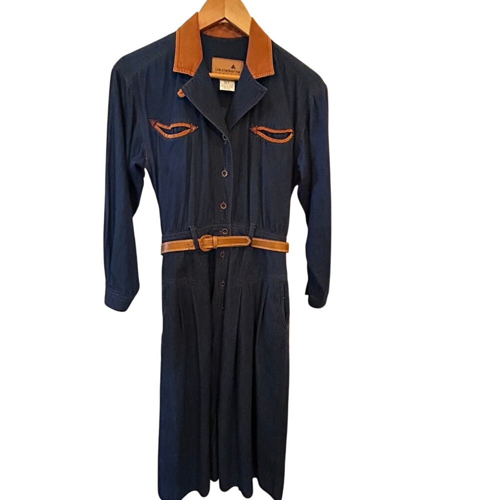 Vintage Liz Claiborne Denim Look Shirt Dress Size 2 Western Belted Midi Chambray - Picture 5 of 9